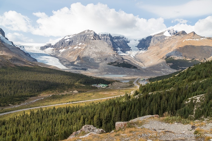 Elevated view of the Icefields Parkway passing by Athabasca Glacier in the Columbia Icefield.