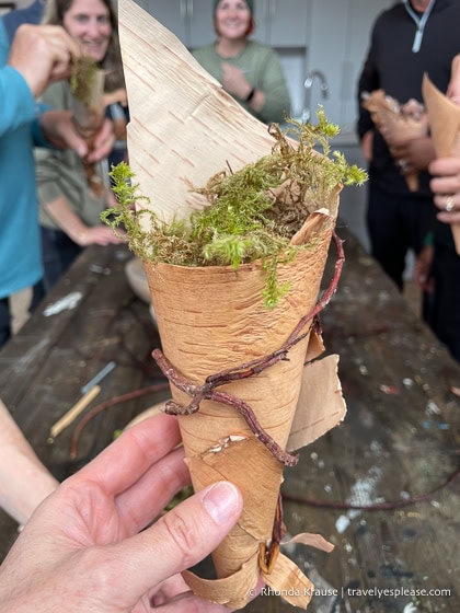 Tree bark cone stuffed with moss.