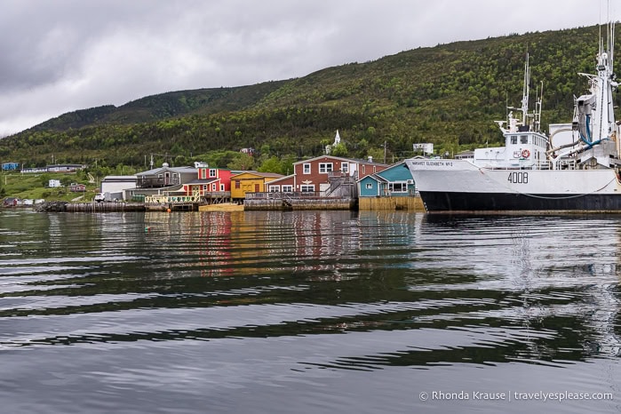 Colourful buildings and a ship on the shore of Bonne Bay.