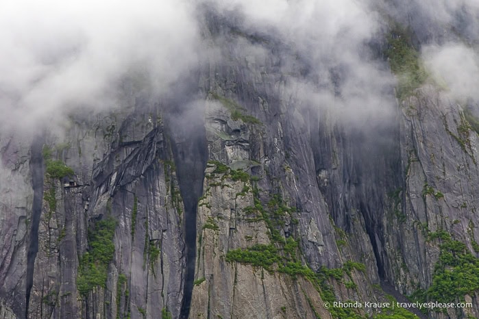 Rocky cliff face shrouded in cloud. 