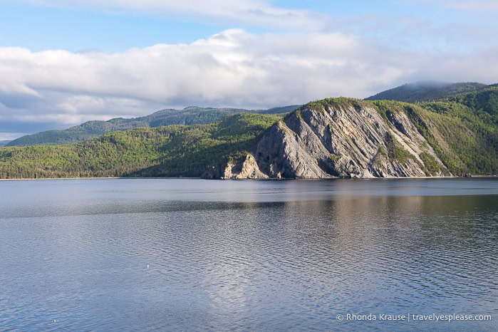 Forested, rocky mountains along the east arm of Bonne Bay. 