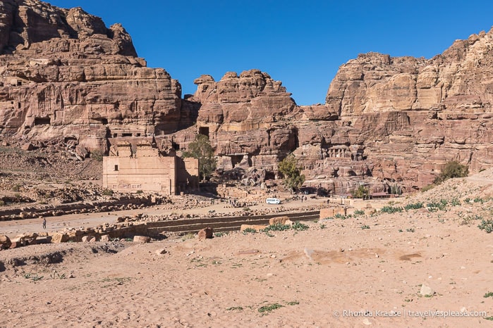 Ruined temple and mountains at the end of the Colonnaded Street.