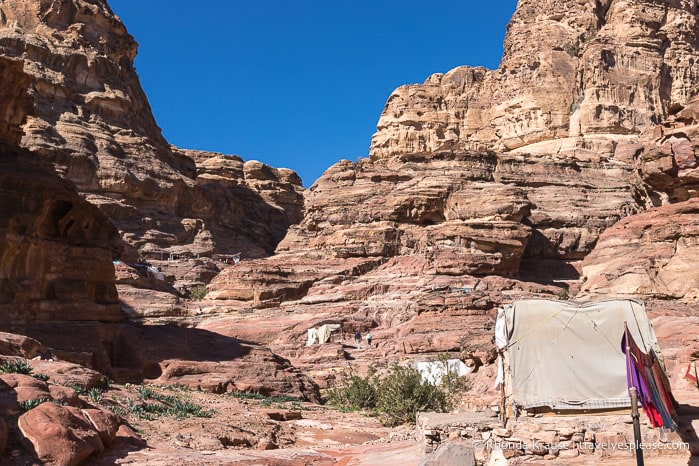 Mountains and tents along the Monastery Trail.