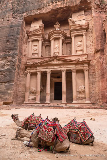 Three camels in front of the Treasury at Petra.