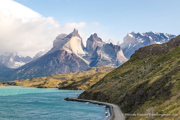 Road along the shore of Lago Pehoe with the Cuernos del Paine in the background.