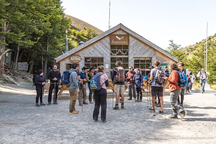 Hikers gathered outside Refugio Chileno.