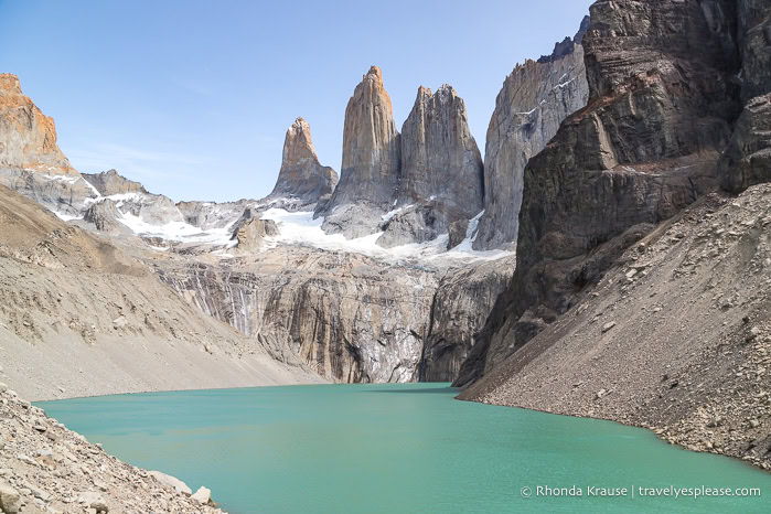 Turquoise lake and the famous three granite towers at Mirador las Torres, one of the most popular spots to see when visiting Torres del Paine National Park. 