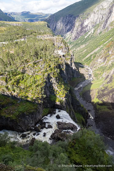 Top of the waterfall and the valley below.