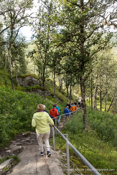 Tourists on the rocky trail in the forest.